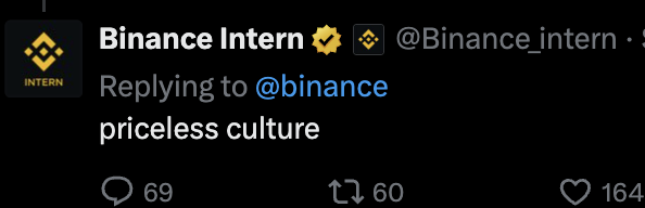 Binance Intern tweet: priceless culture